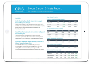 Tablet screen showing the OPIS Global Carbon Offsets Report