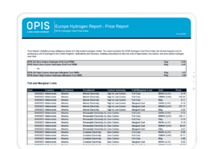 Snapshot of a OPIS's Europe Hydrogen Market Report showing hydrogen pricing intelligence for the Netherlands.